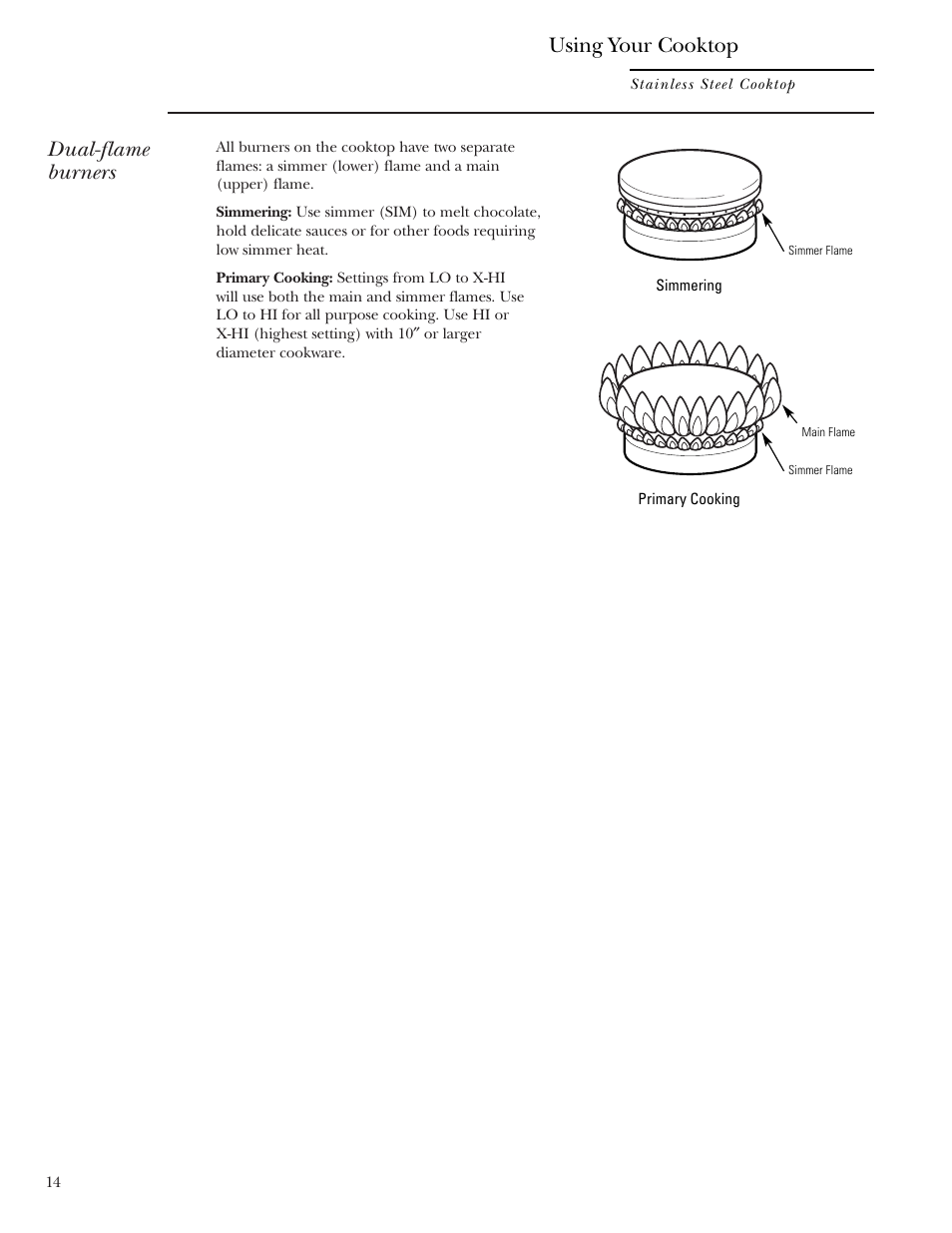 Dual-flame burners, Using your cooktop | GE ZGU48N4G User Manual | Page 14 / 28
