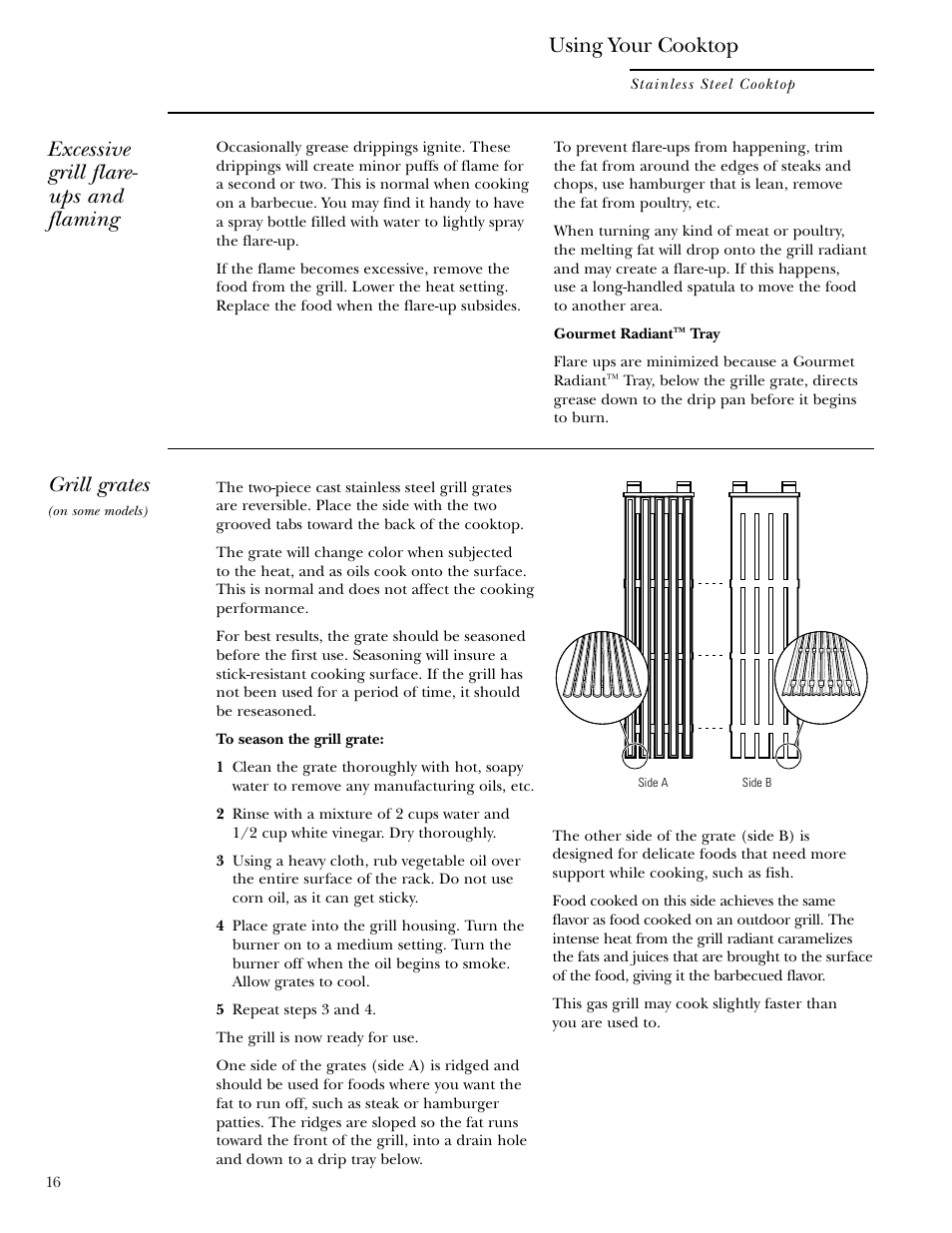 Grille, Grill grates, Excessive grill flare- ups and flaming | Using your cooktop | GE ZGU48N4G User Manual | Page 16 / 28