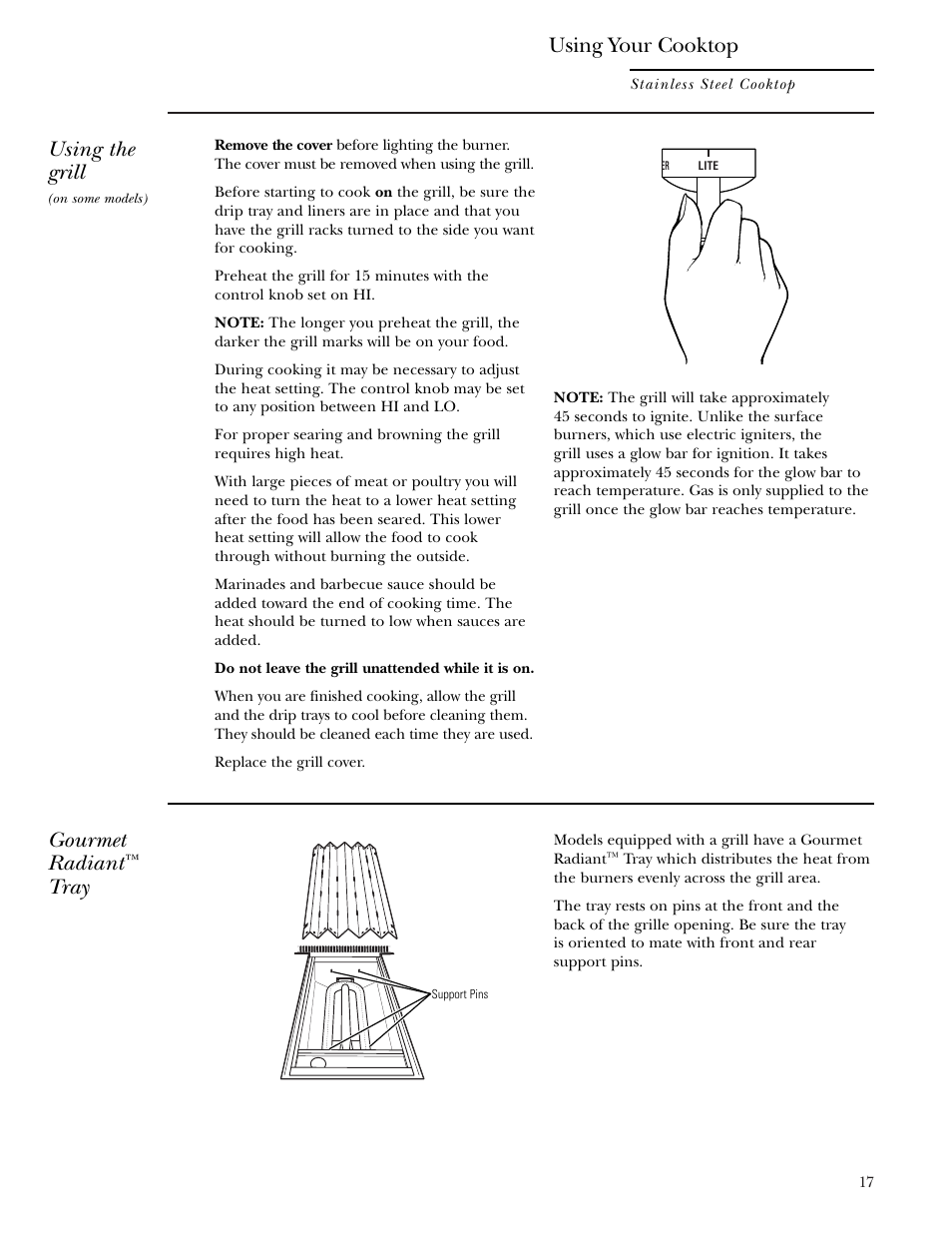 Using the grill, Gourmet radiant, Tray | Using your cooktop | GE ZGU48N4G User Manual | Page 17 / 28