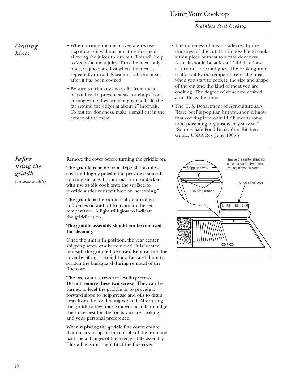 Griddle, Grilling hints, Before using the griddle | Using your cooktop | GE ZGU48N4G User Manual | Page 18 / 28