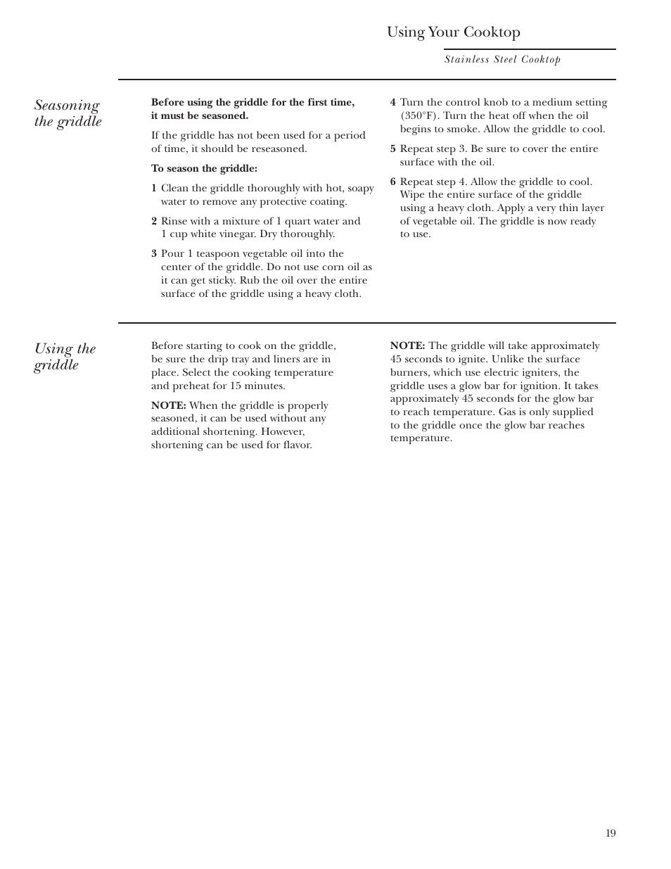 Seasoning the griddle, Using the griddle, Using your cooktop | GE ZGU48N4G User Manual | Page 19 / 28