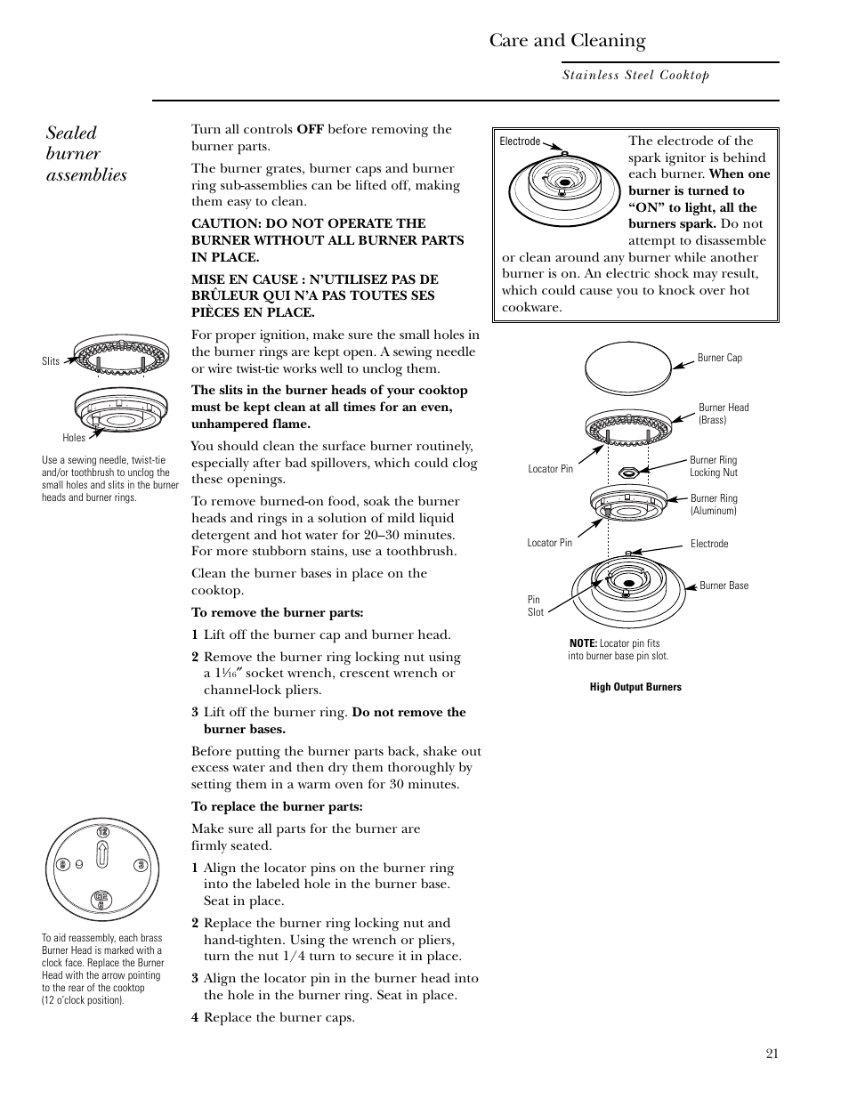 Burner assembly, Sealed burner assemblies, Care and cleaning | GE ZGU48N4G User Manual | Page 21 / 28
