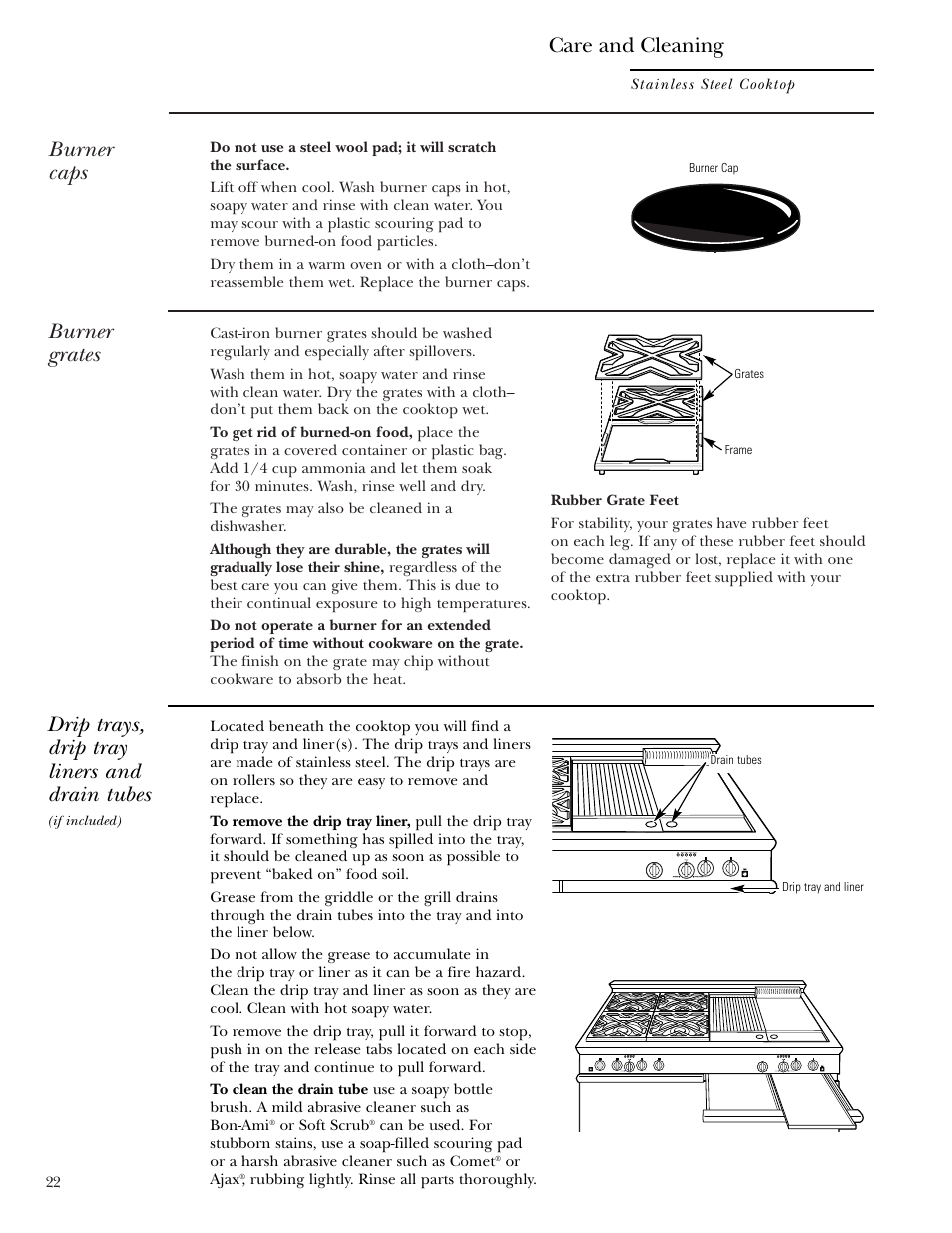 Drip trays, drain tubes, Burner caps, Burner grates | Drip trays, drip tray liners and drain tubes, Care and cleaning | GE ZGU48N4G User Manual | Page 22 / 28