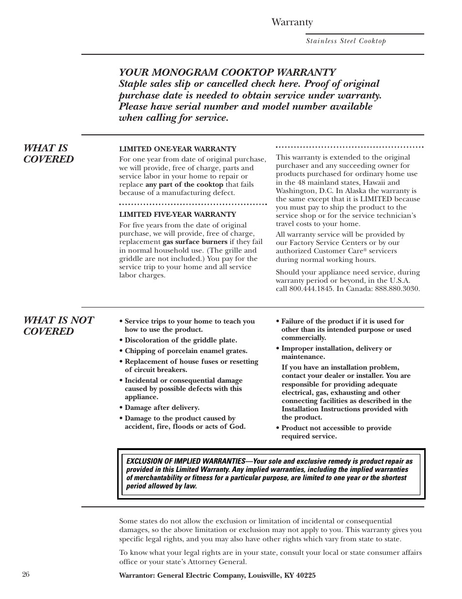 Warranty, What is not covered | GE ZGU48N4G User Manual | Page 26 / 28