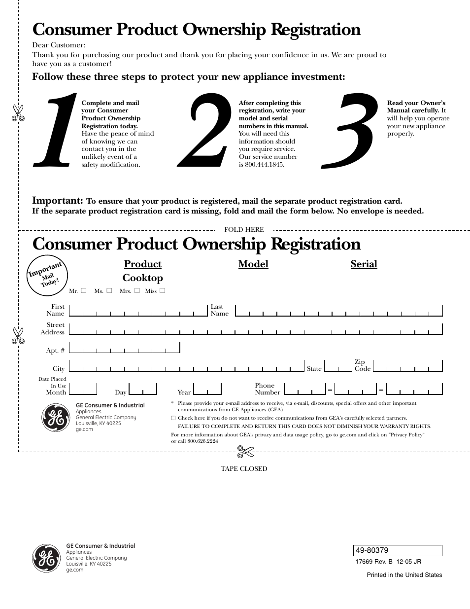 Consumer product ownership registration | GE ZGU48N4G User Manual | Page 28 / 28