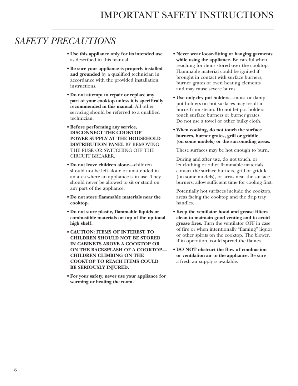 Important safety instructions safety precautions | GE ZGU48N4G User Manual | Page 6 / 28