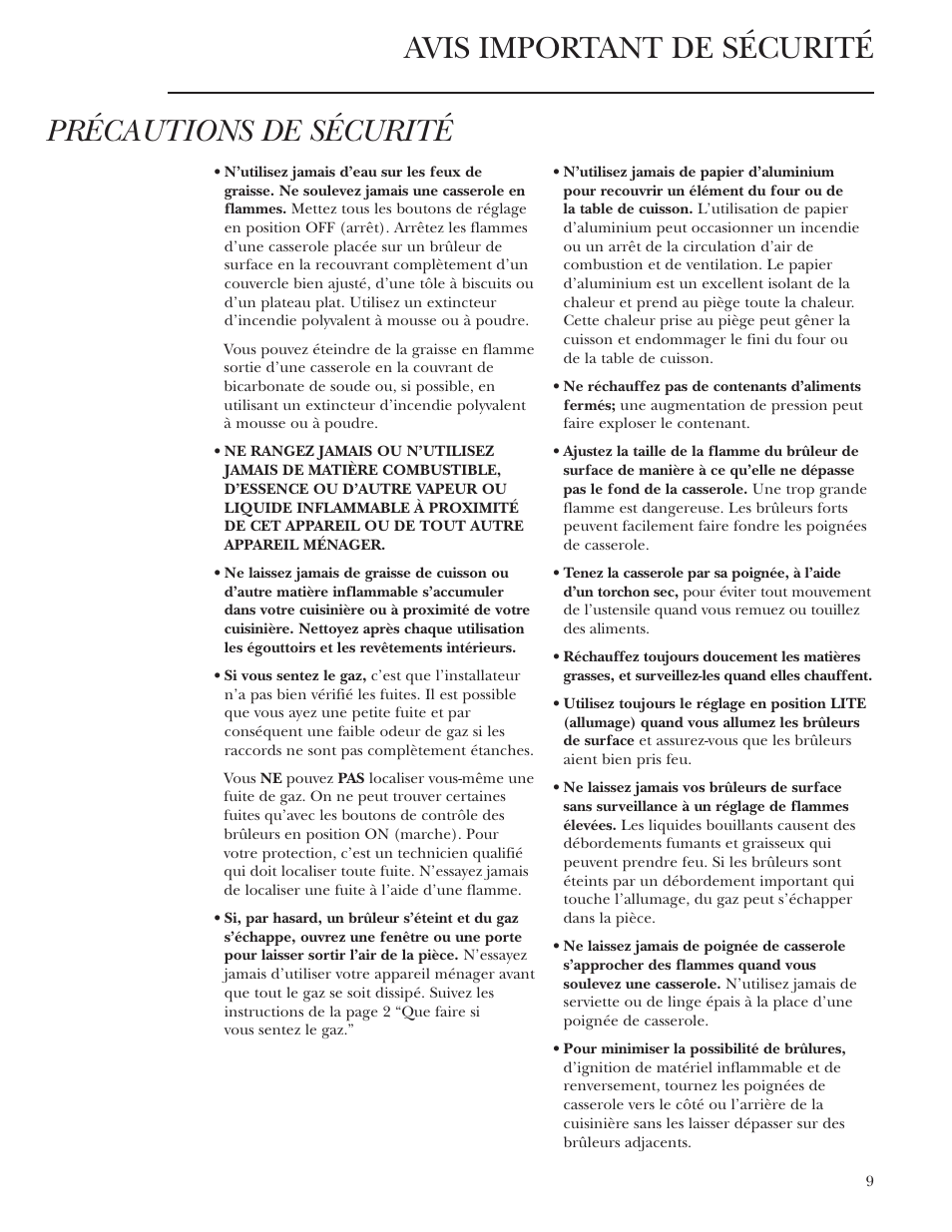 Avis important de sécurité précautions de sécurité | GE ZGU48N4G User Manual | Page 9 / 28