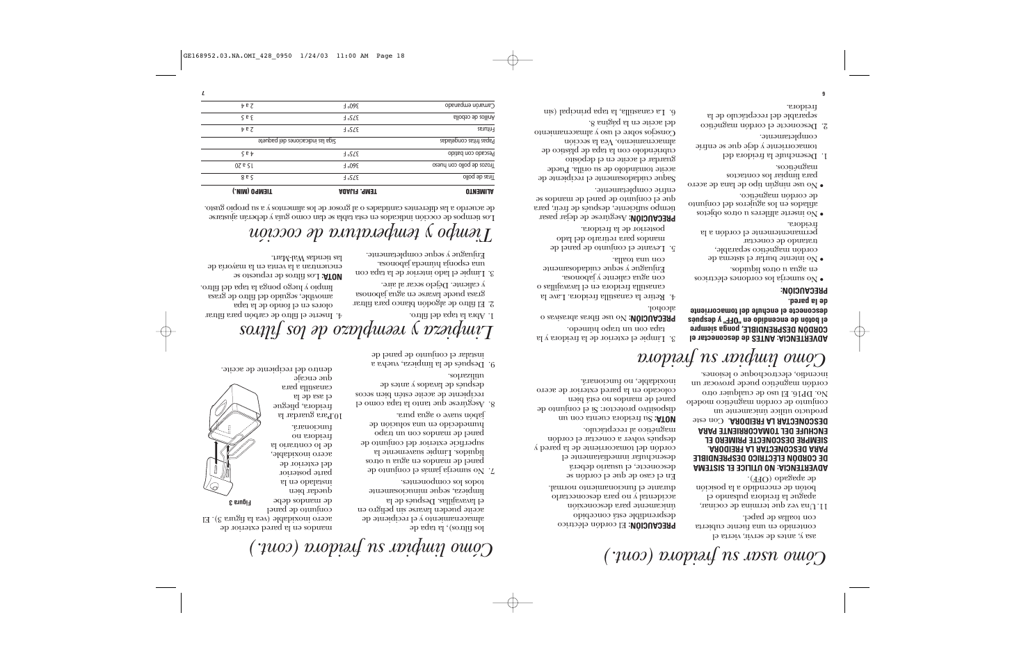 Cómo usar su freidora (cont.), Cómo limpiar su freidora, Cómo limpiar su freidora (cont.) | Limpieza y reemplazo de los filtr os, Tiempo y temperatura de cocción | GE 168952 User Manual | Page 10 / 13