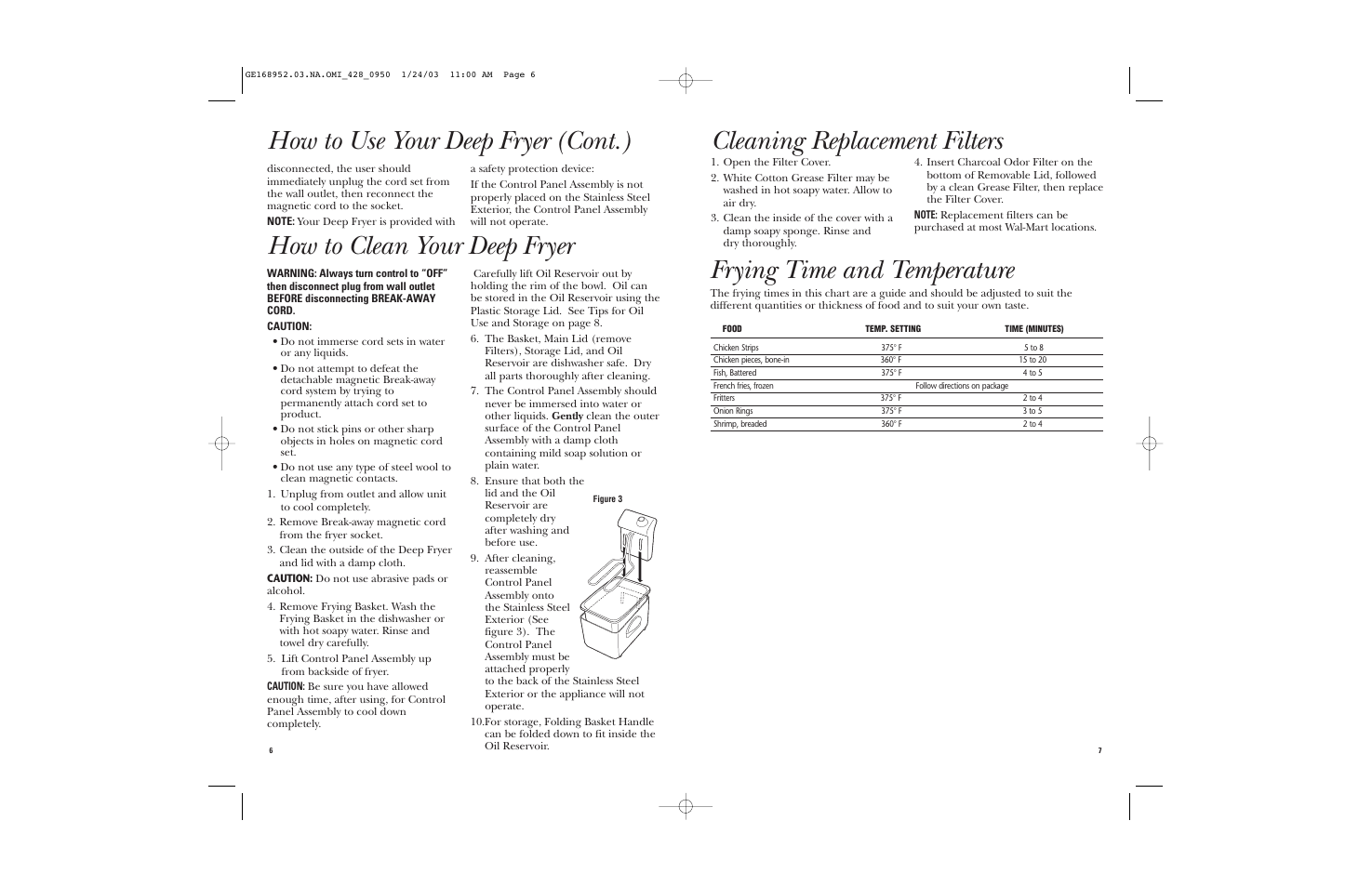 Cleaning replacement filters, Frying time and temperature, How to clean your deep fryer | How to use your deep fryer (cont.) | GE 168952 User Manual | Page 4 / 13