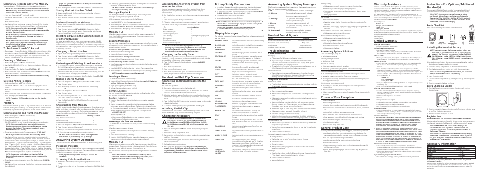 Answering system operation, Battery safety precautions, Display messages | Causes of poor reception, General product care, Warranty assistance, Limited warranty answering system display messages, Handset sound signals, Troubleshooting tips, Headset and belt clip operation | GE 25952 User Manual | Page 2 / 2