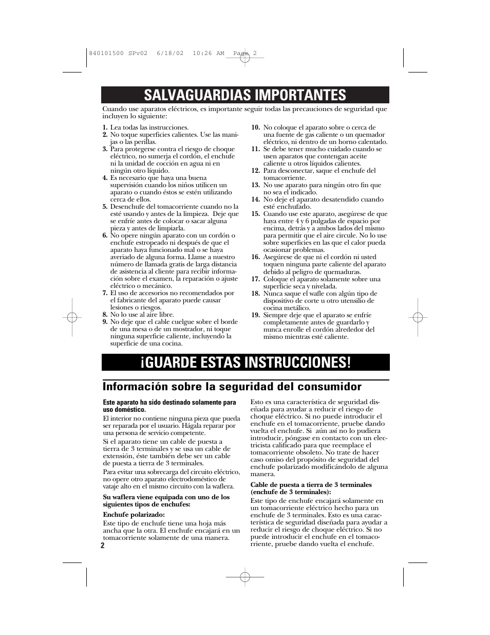 Salvaguardias importantes, Guarde estas instrucciones, Información sobre la seguridad del consumidor | GE 840101500 User Manual | Page 12 / 20