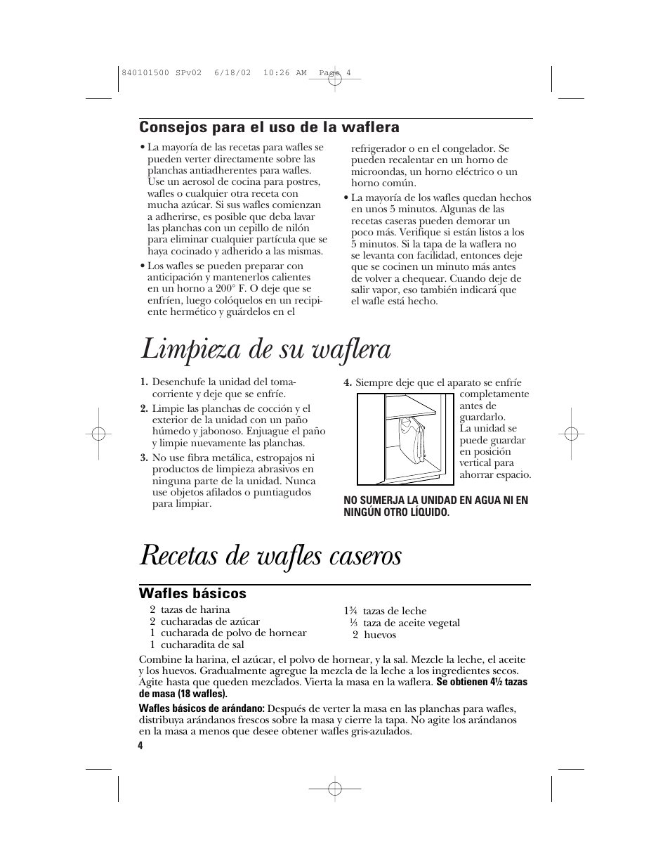 Limpieza de su waflera, Recetas de wafles caseros, Consejos para el uso de la waflera | Wafles básicos | GE 840101500 User Manual | Page 14 / 20