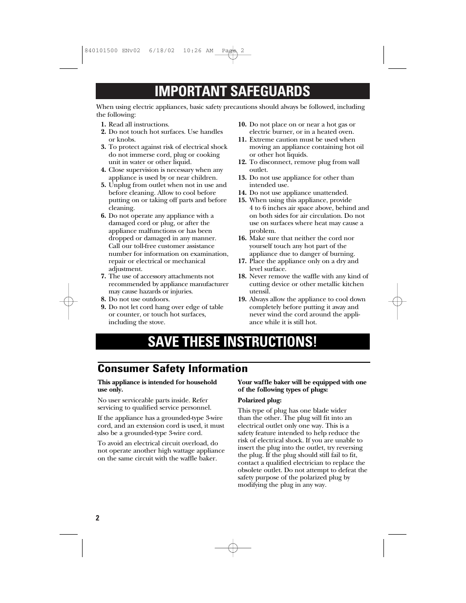 Important safeguards save these instructions, Consumer safety information | GE 840101500 User Manual | Page 2 / 20