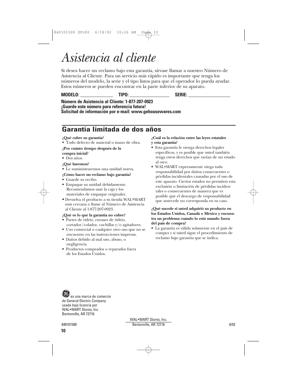 Asistencia al cliente, Garantía limitada de dos años | GE 840101500 User Manual | Page 20 / 20