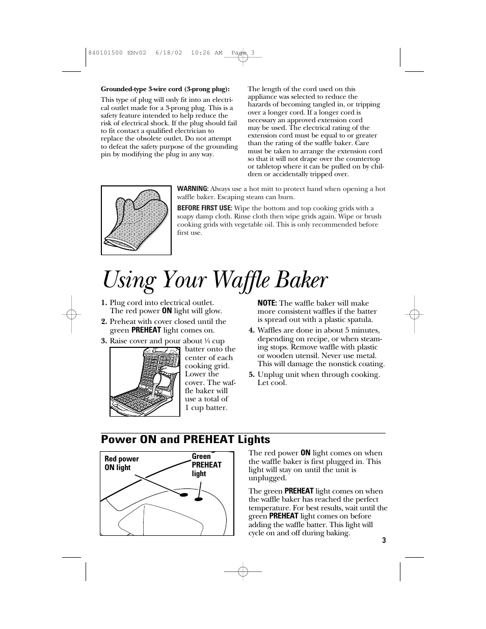 Using your waffle baker, Power on and preheat lights | GE 840101500 User Manual | Page 3 / 20