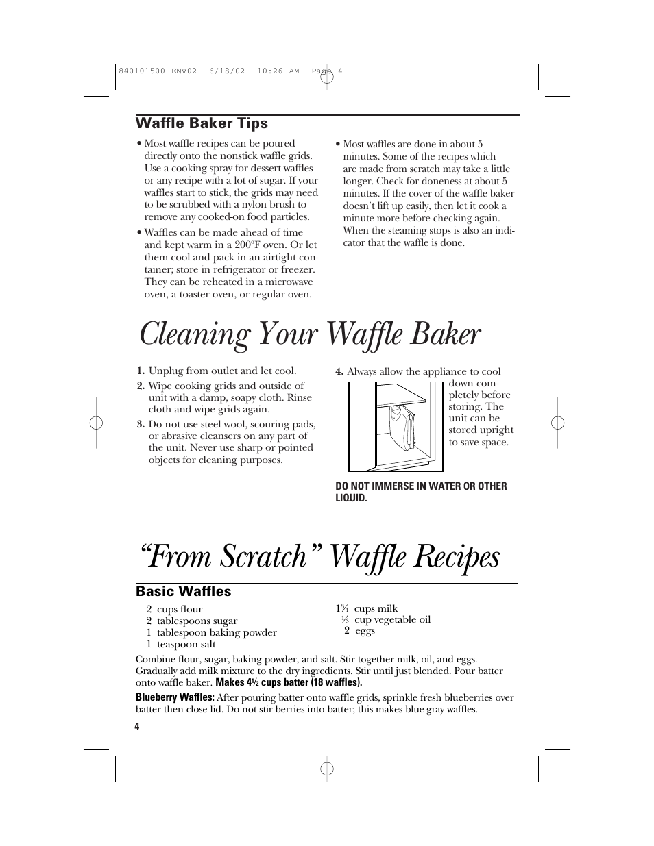 Cleaning your waffle baker, Waffle baker tips, Basic waffles | GE 840101500 User Manual | Page 4 / 20