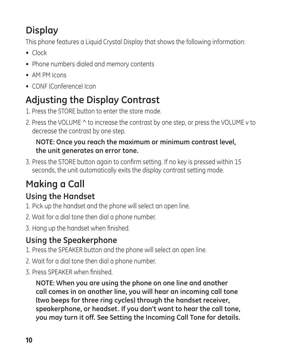 Display, Adjusting the display contrast, Making a call | GE 29484 2-Line User Manual | Page 10 / 60