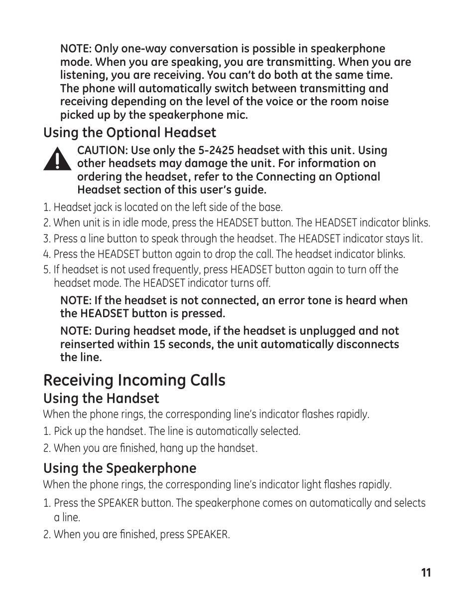 Receiving incoming calls | GE 29484 2-Line User Manual | Page 11 / 60