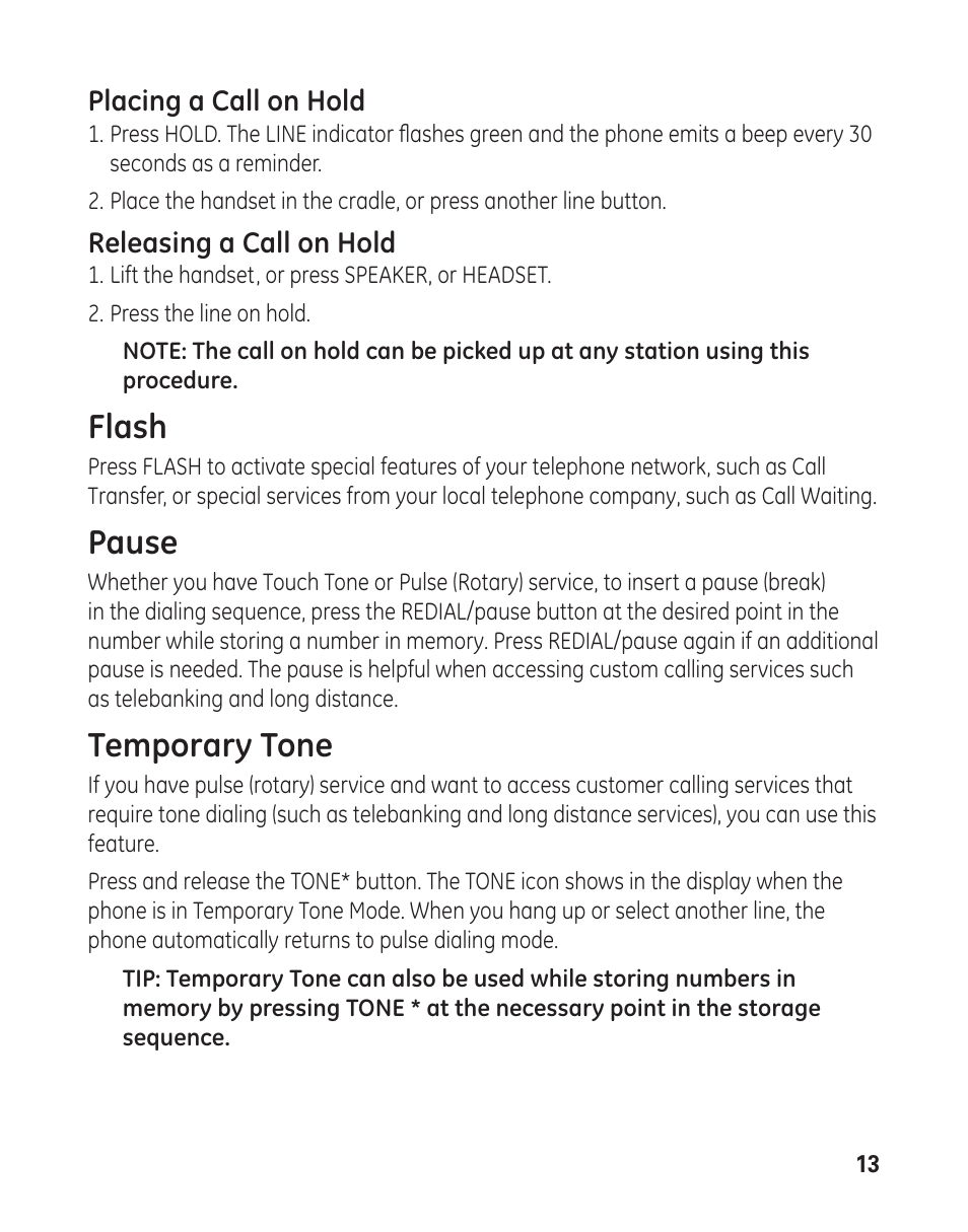 Flash, Pause, Temporary tone | GE 29484 2-Line User Manual | Page 13 / 60