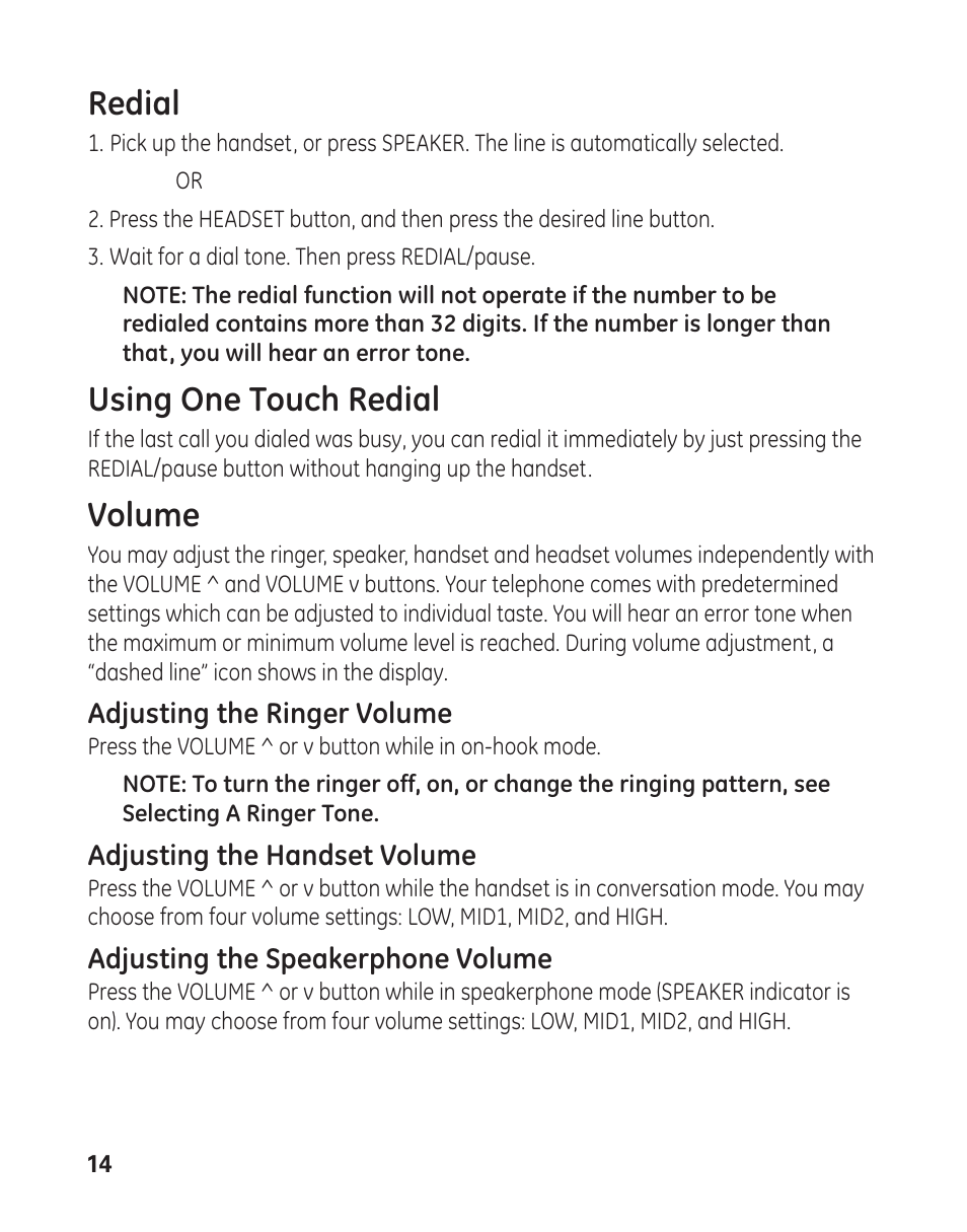 Redial, Using one touch redial, Volume | GE 29484 2-Line User Manual | Page 14 / 60