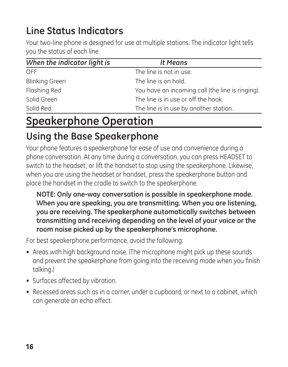 Speakerphone operation, Line status indicators, Using the base speakerphone | GE 29484 2-Line User Manual | Page 16 / 60