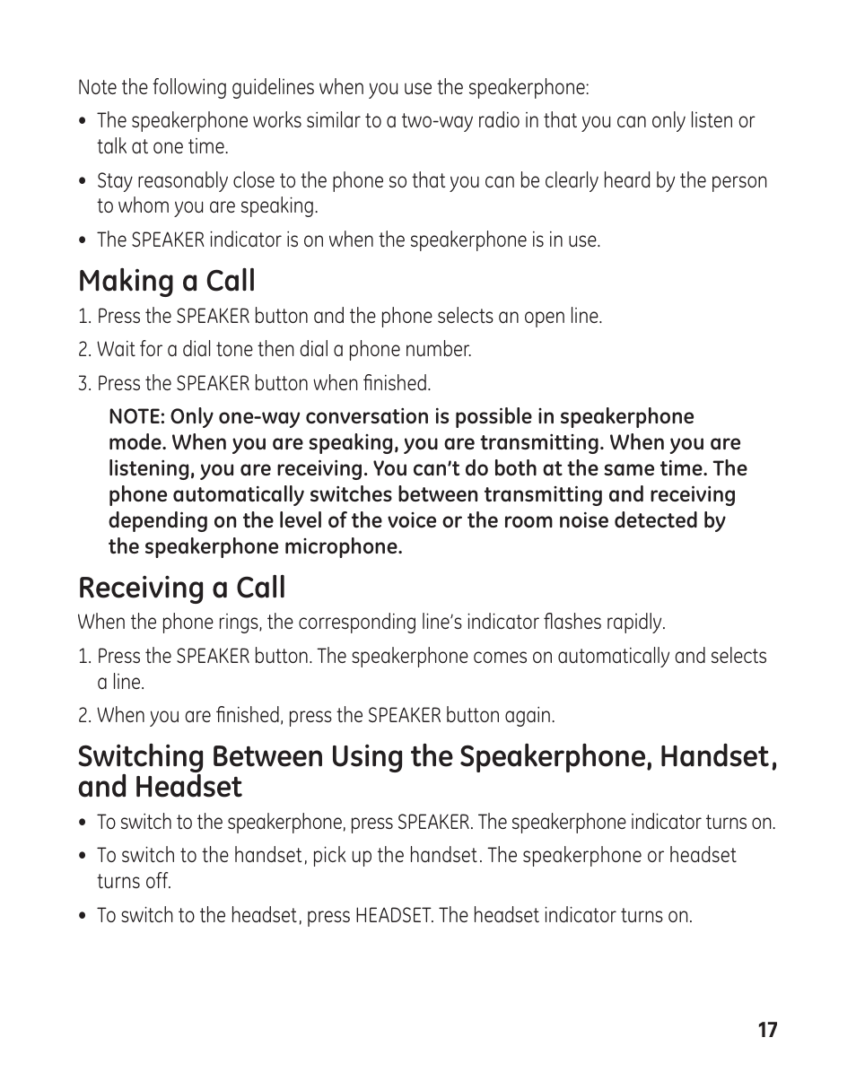 Making a call, Receiving a call | GE 29484 2-Line User Manual | Page 17 / 60