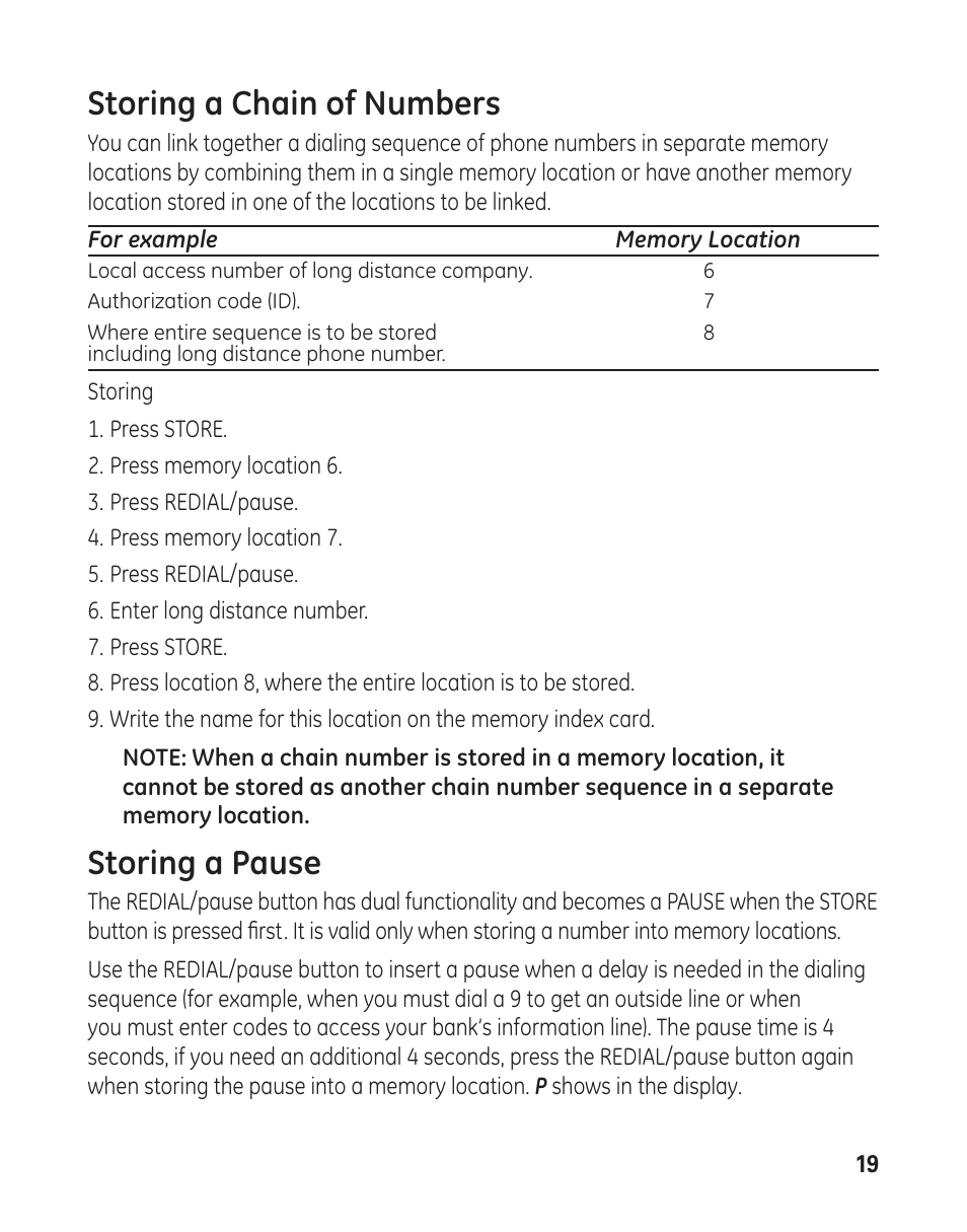 Storing a chain of numbers, Storing a pause | GE 29484 2-Line User Manual | Page 19 / 60