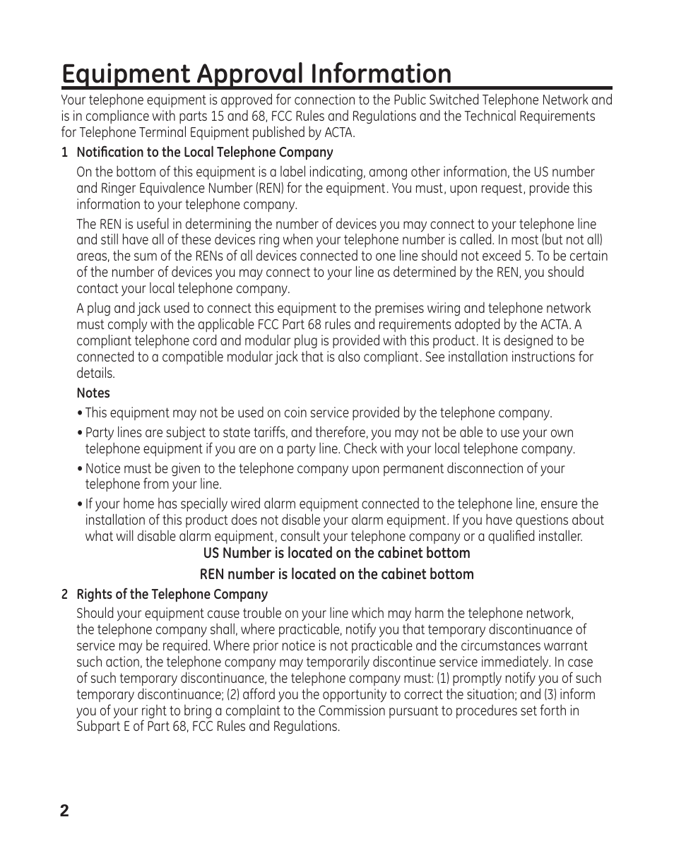 Equipment approval information | GE 29484 2-Line User Manual | Page 2 / 60