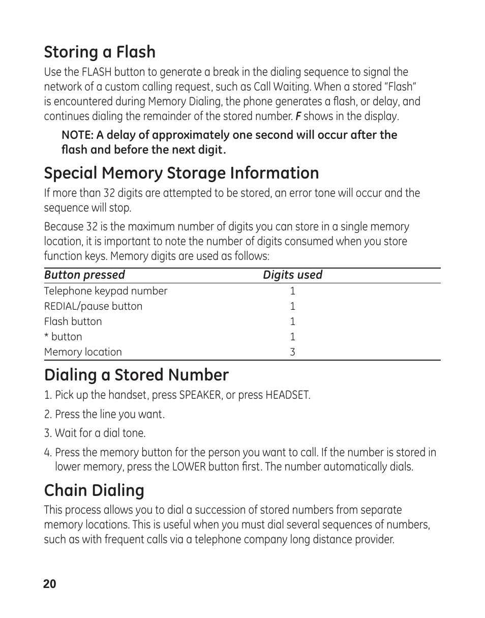 Storing a flash, Dialing a stored number, Chain dialing | GE 29484 2-Line User Manual | Page 20 / 60