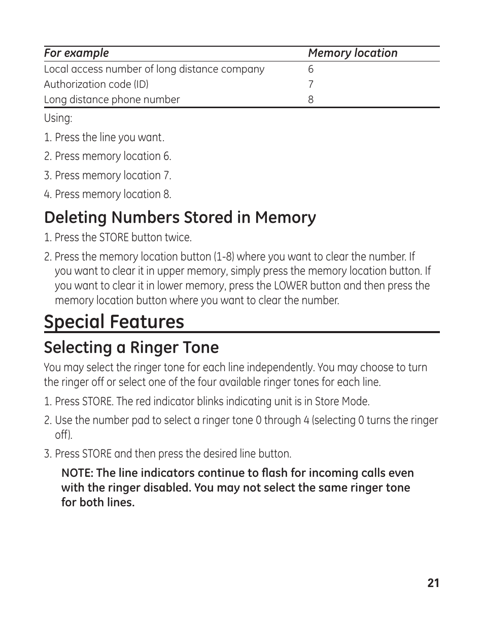 Special features, Selecting a ringer tone | GE 29484 2-Line User Manual | Page 21 / 60