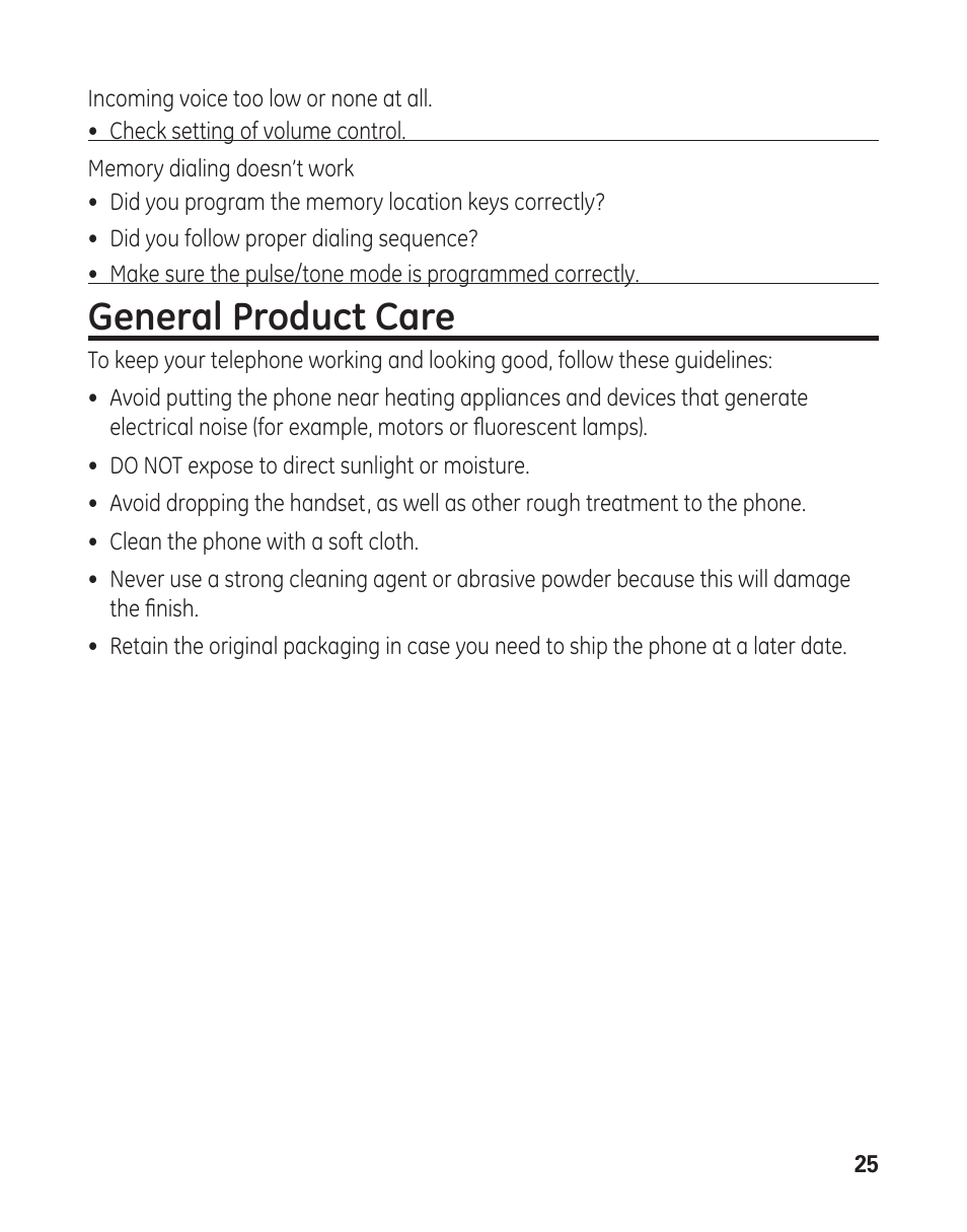 General product care | GE 29484 2-Line User Manual | Page 25 / 60