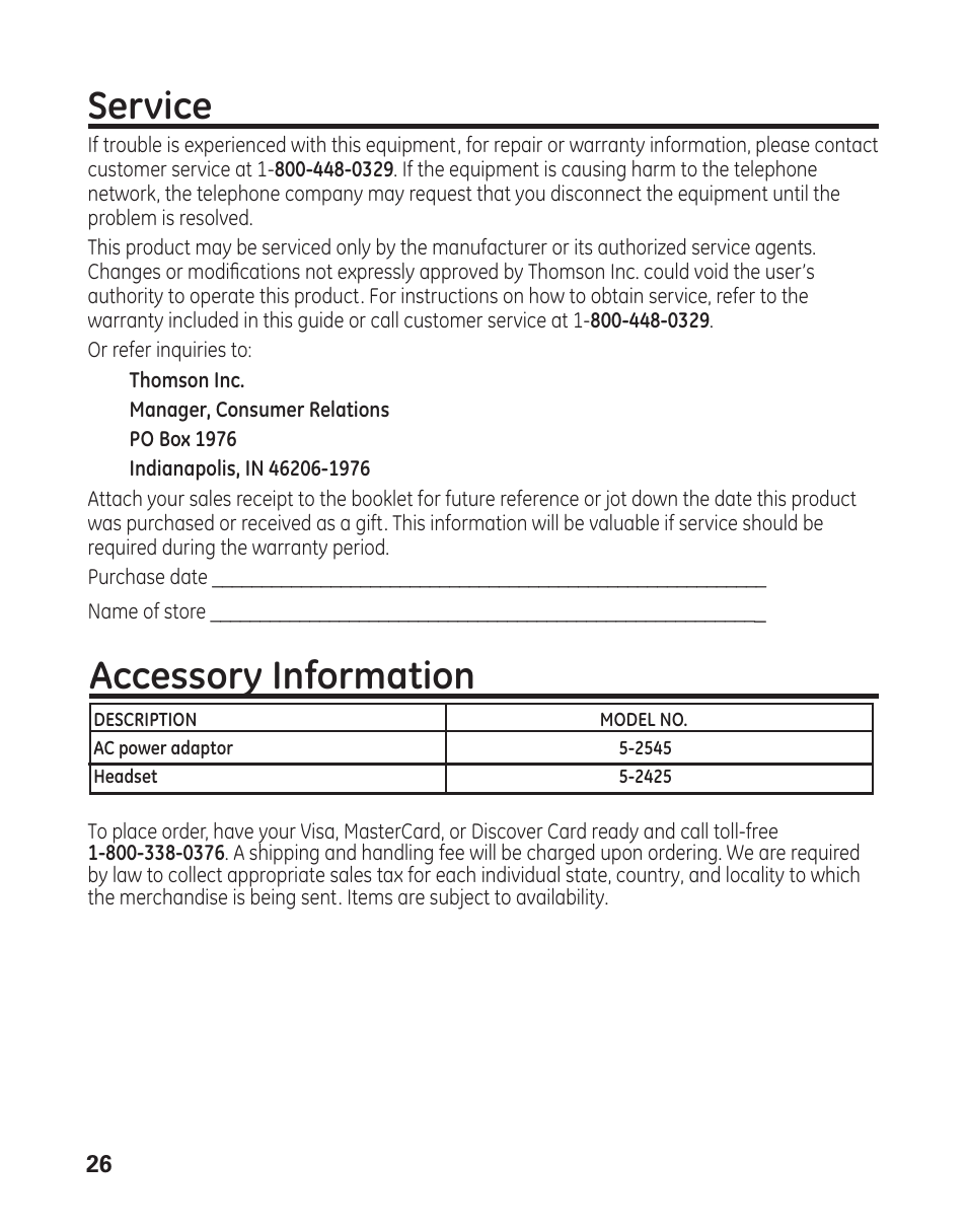 Service, Accessory information | GE 29484 2-Line User Manual | Page 26 / 60