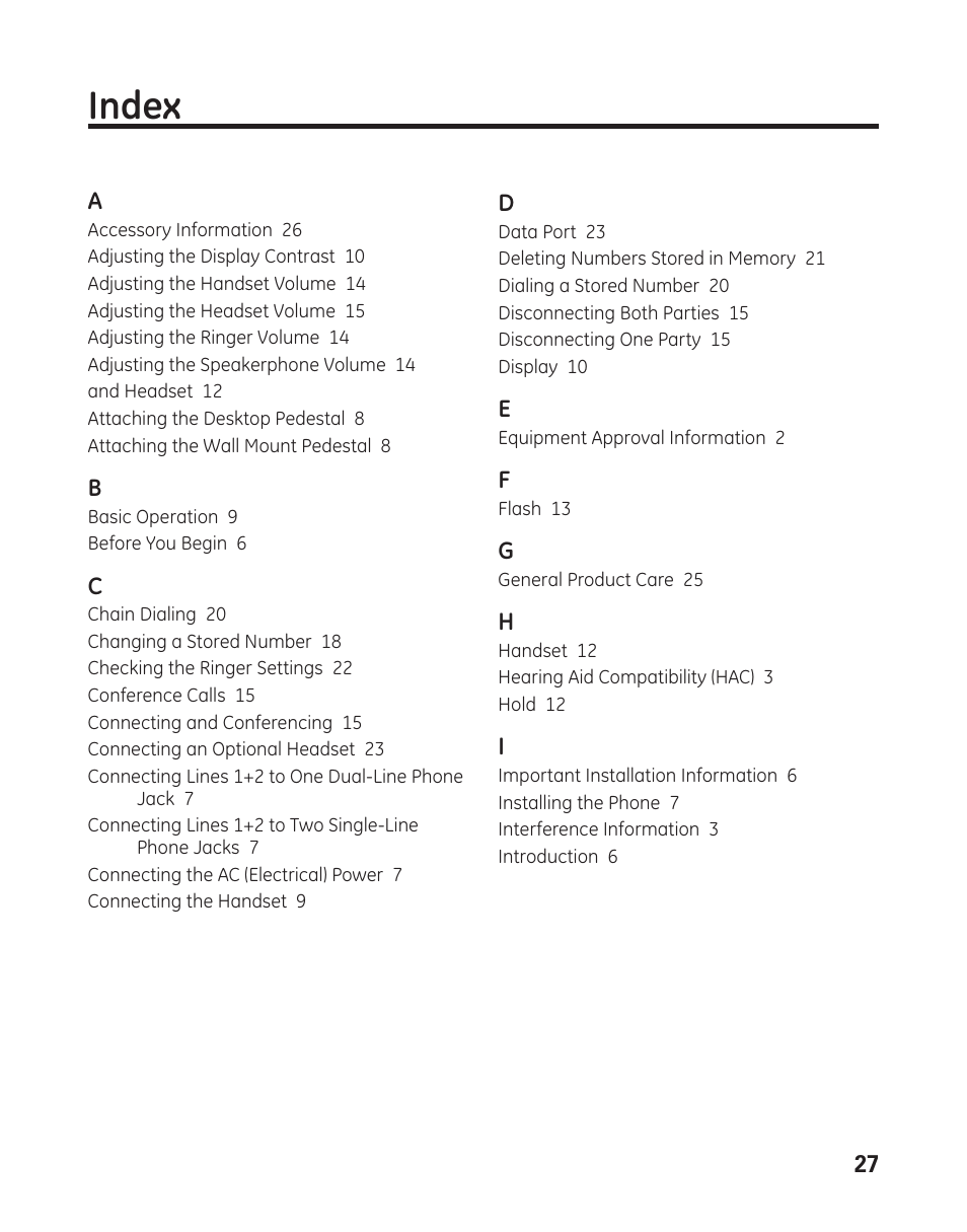 Index | GE 29484 2-Line User Manual | Page 27 / 60