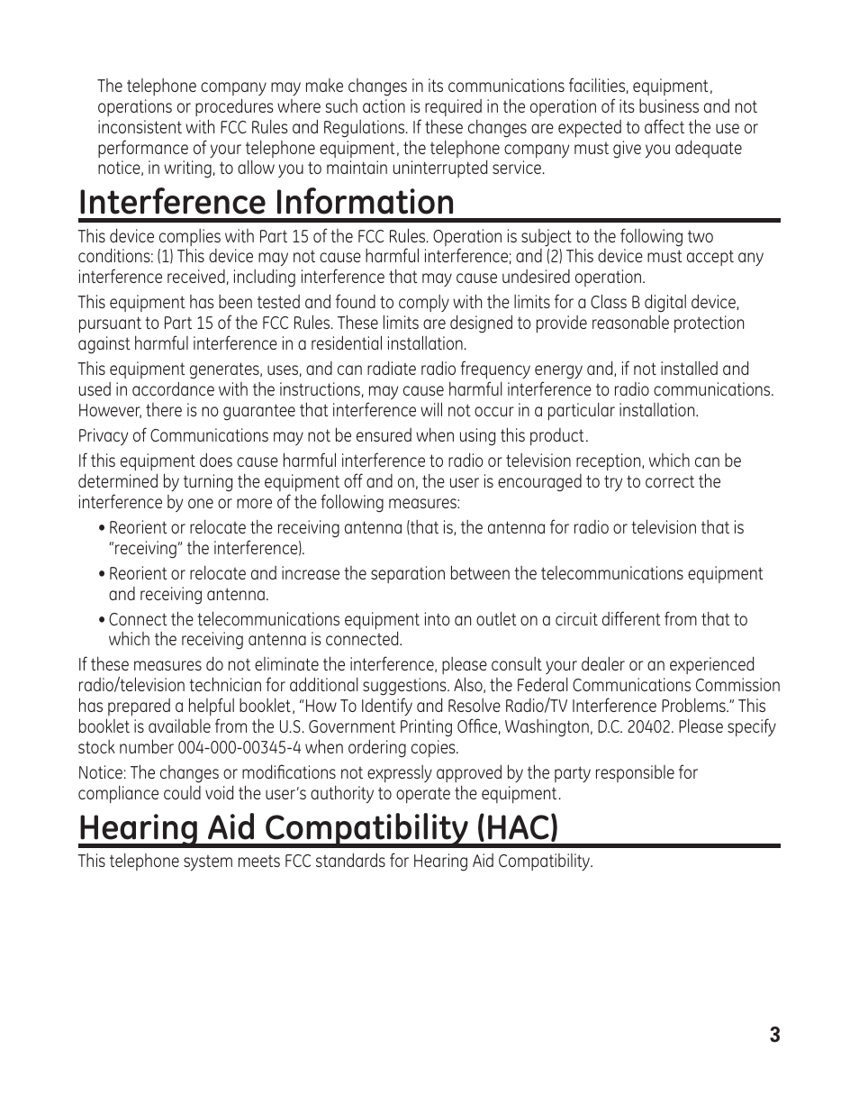 Interference information, Hearing aid compatibility (hac) | GE 29484 2-Line User Manual | Page 3 / 60