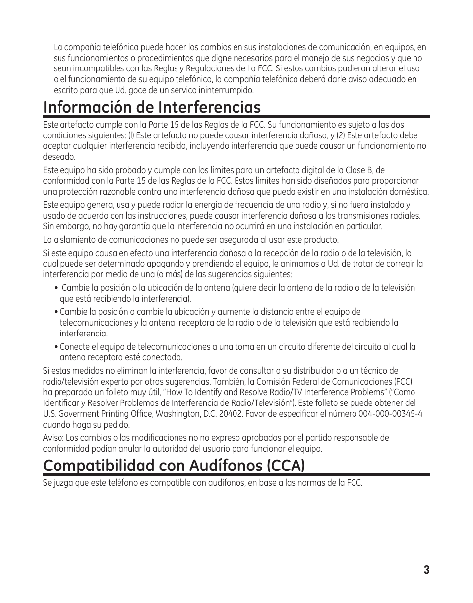 Información de interferencias, Compatibilidad con audífonos (cca) | GE 29484 2-Line User Manual | Page 33 / 60