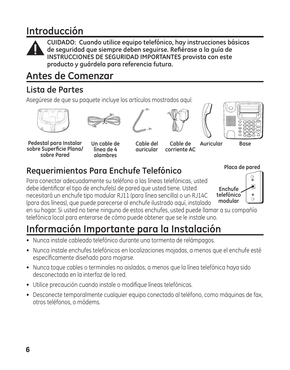 Introducción, Antes de comenzar, Información importante para la instalación | Lista de partes, Requerimientos para enchufe telefónico | GE 29484 2-Line User Manual | Page 36 / 60