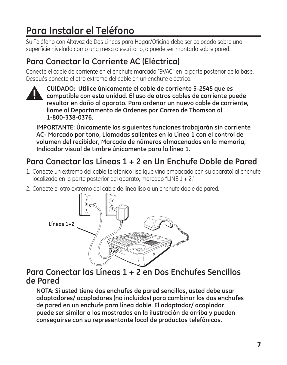 Para instalar el teléfono, Para conectar la corriente ac (eléctrica) | GE 29484 2-Line User Manual | Page 37 / 60