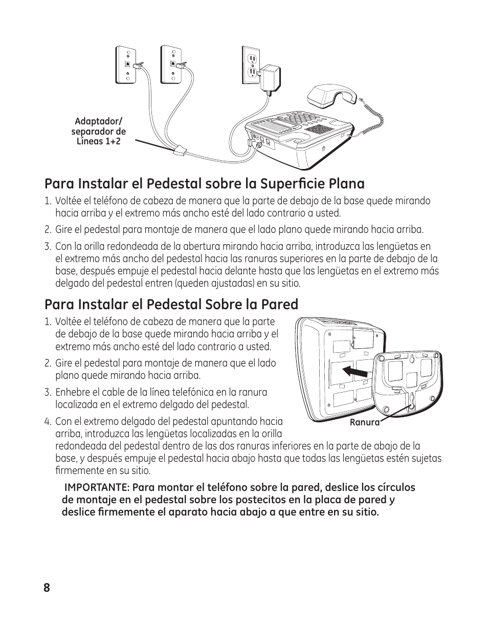 Para instalar el pedestal sobre la pared | GE 29484 2-Line User Manual | Page 38 / 60