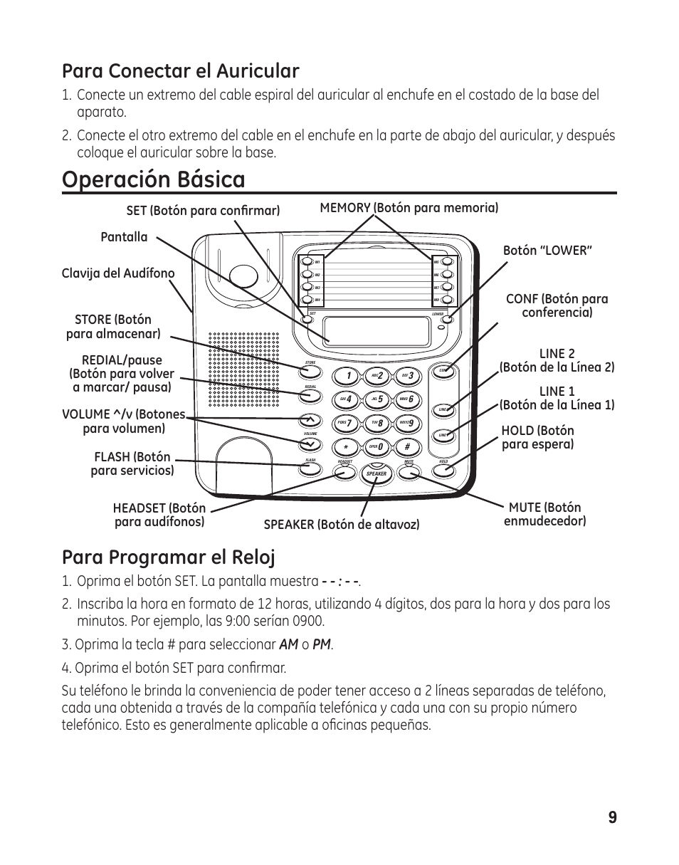 Operación básica, Para conectar el auricular, Para programar el reloj | Line 1 (botón de la línea 1) | GE 29484 2-Line User Manual | Page 39 / 60