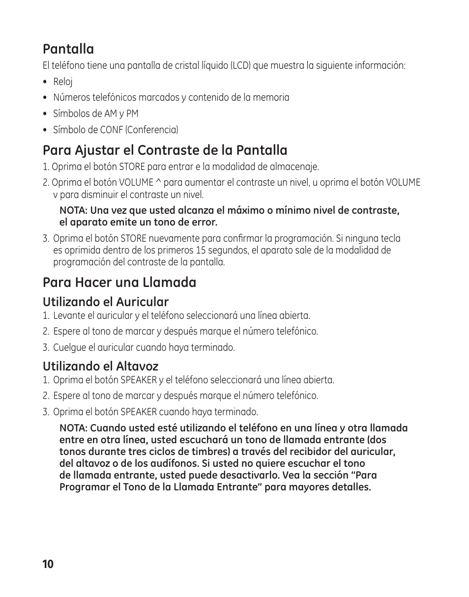 Pantalla, Para ajustar el contraste de la pantalla, Para hacer una llamada | Utilizando el auricular, Utilizando el altavoz | GE 29484 2-Line User Manual | Page 40 / 60