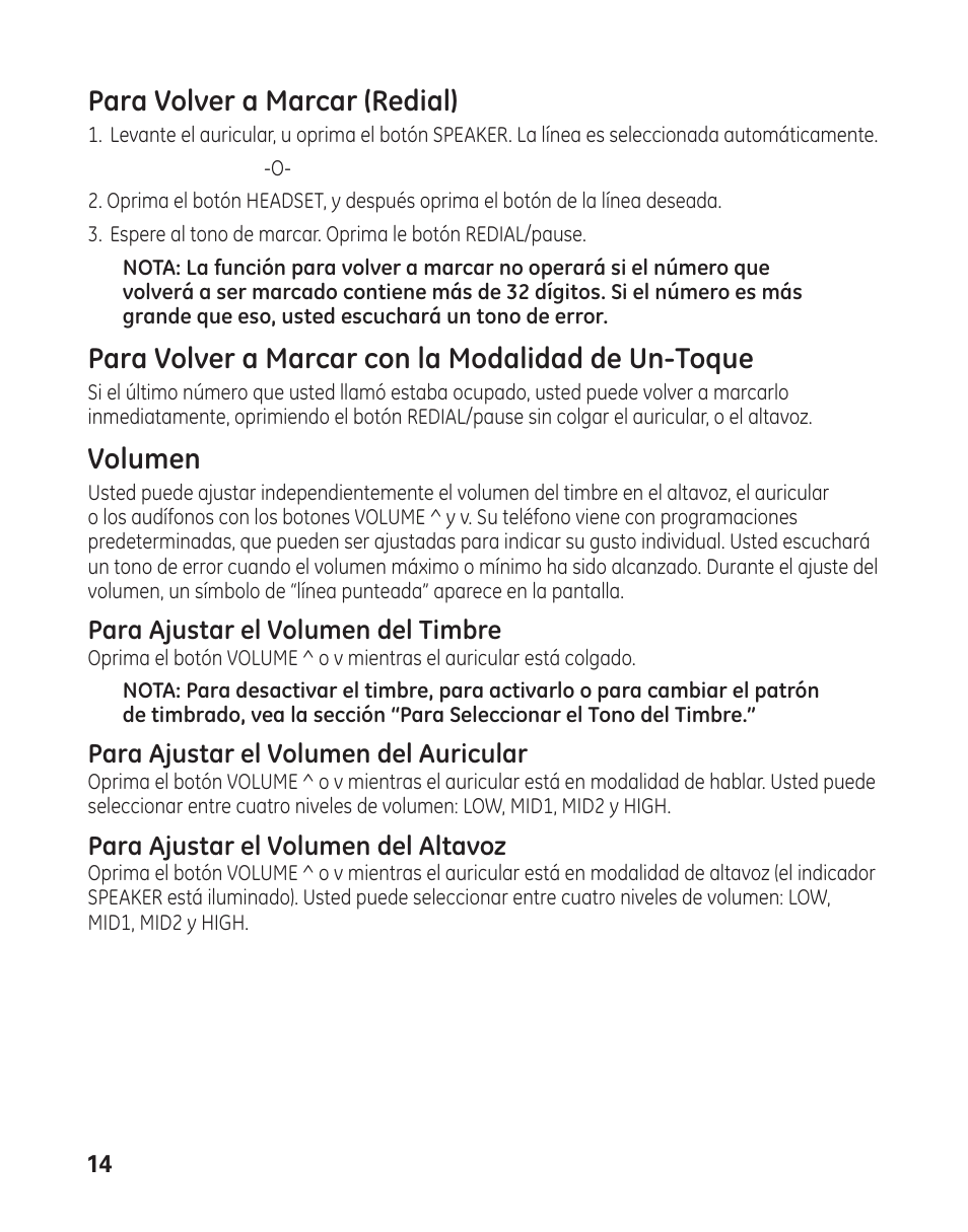 Para volver a marcar (redial), Para volver a marcar con la modalidad de un-toque, Volumen | Para ajustar el volumen del timbre, Para ajustar el volumen del auricular, Para ajustar el volumen del altavoz | GE 29484 2-Line User Manual | Page 44 / 60