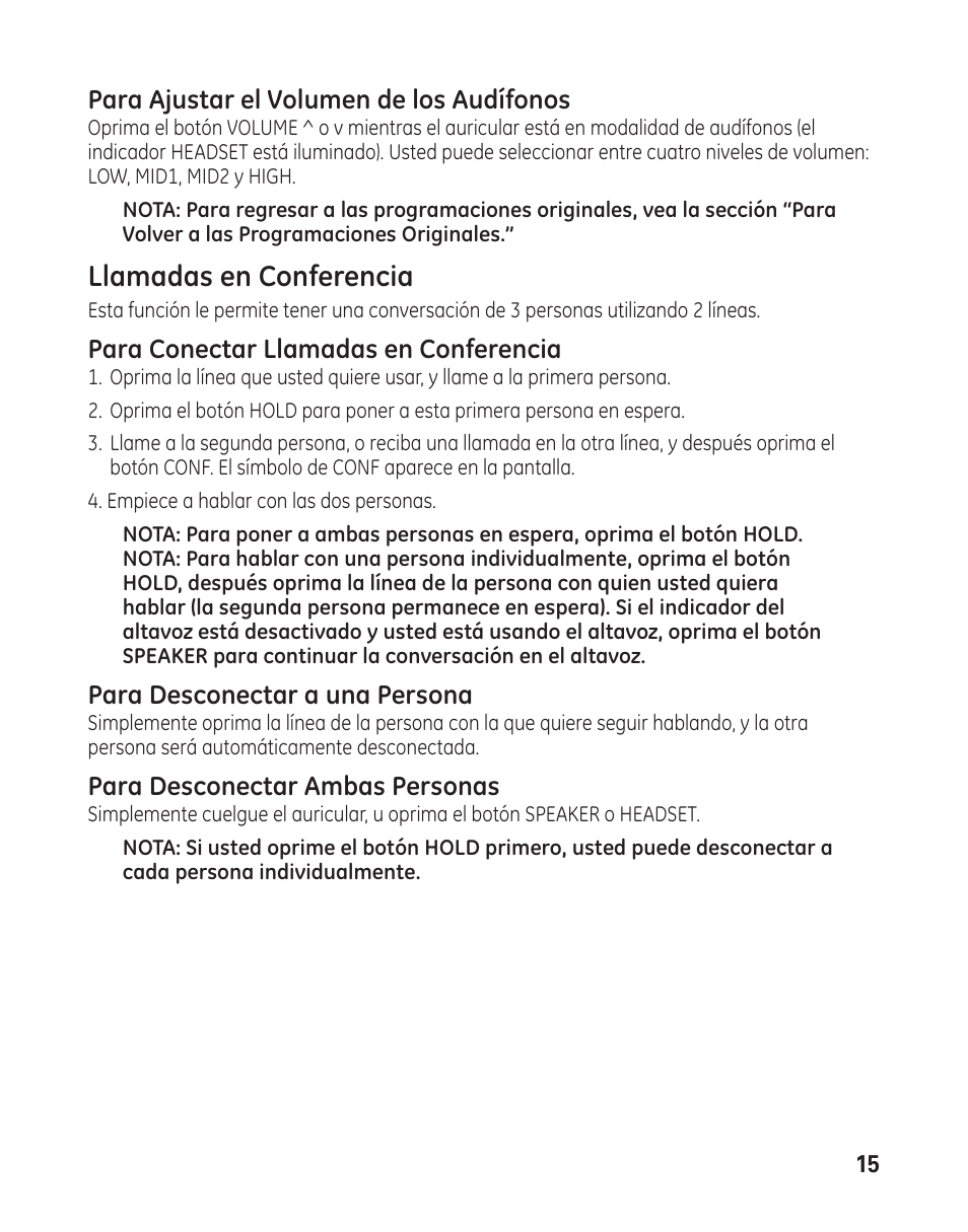 Llamadas en conferencia, Para ajustar el volumen de los audífonos, Para conectar llamadas en conferencia | Para desconectar a una persona, Para desconectar ambas personas | GE 29484 2-Line User Manual | Page 45 / 60