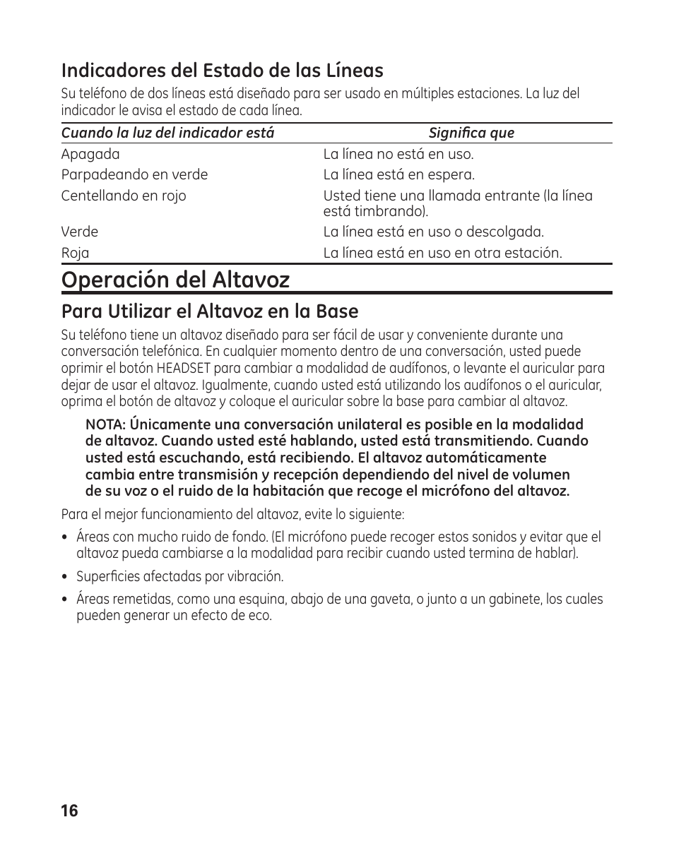 Operación del altavoz, Indicadores del estado de las líneas, Para utilizar el altavoz en la base | GE 29484 2-Line User Manual | Page 46 / 60