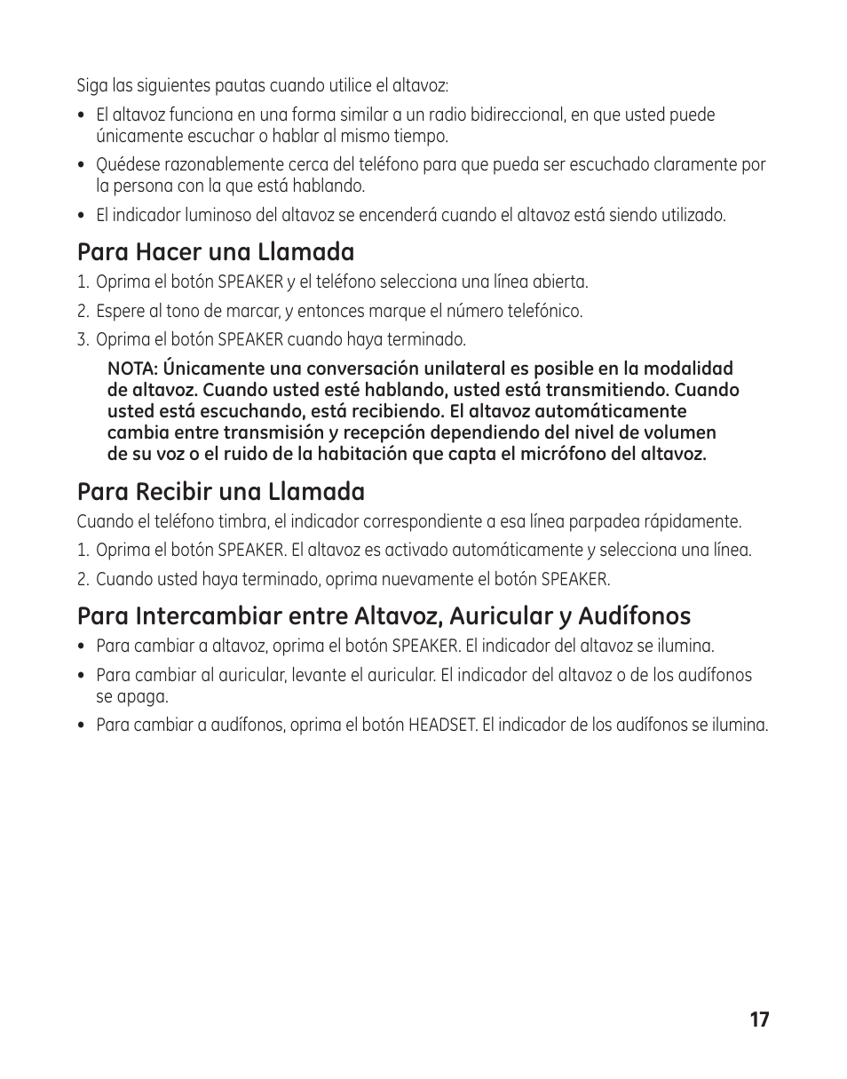 Para hacer una llamada, Para recibir una llamada | GE 29484 2-Line User Manual | Page 47 / 60