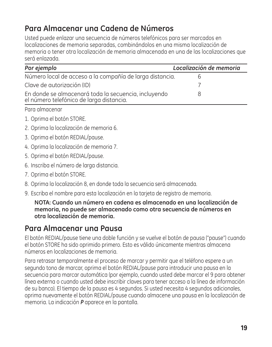 Para almacenar una cadena de números, Para almacenar una pausa | GE 29484 2-Line User Manual | Page 49 / 60