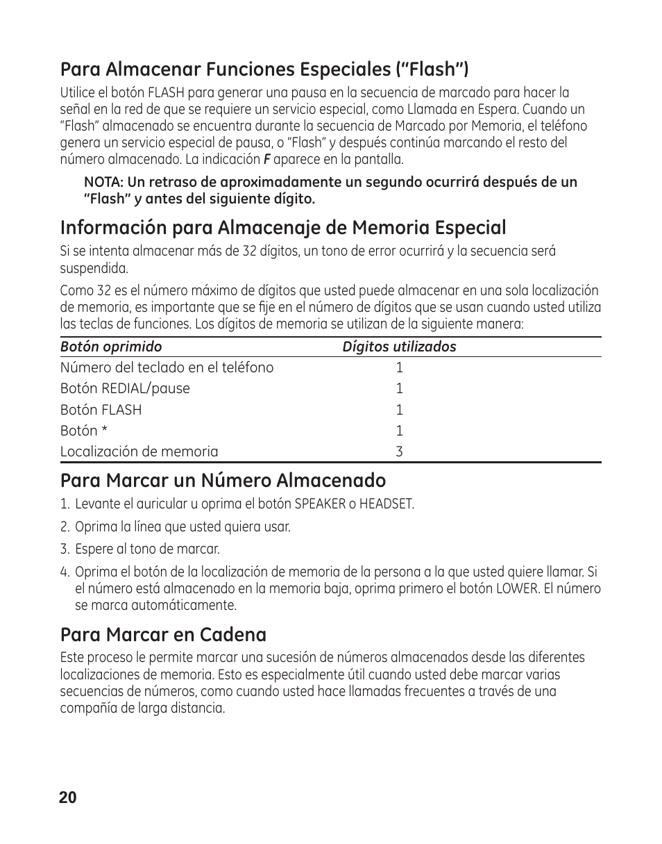 Para almacenar funciones especiales (“flash”), Para marcar un número almacenado, Para marcar en cadena | GE 29484 2-Line User Manual | Page 50 / 60