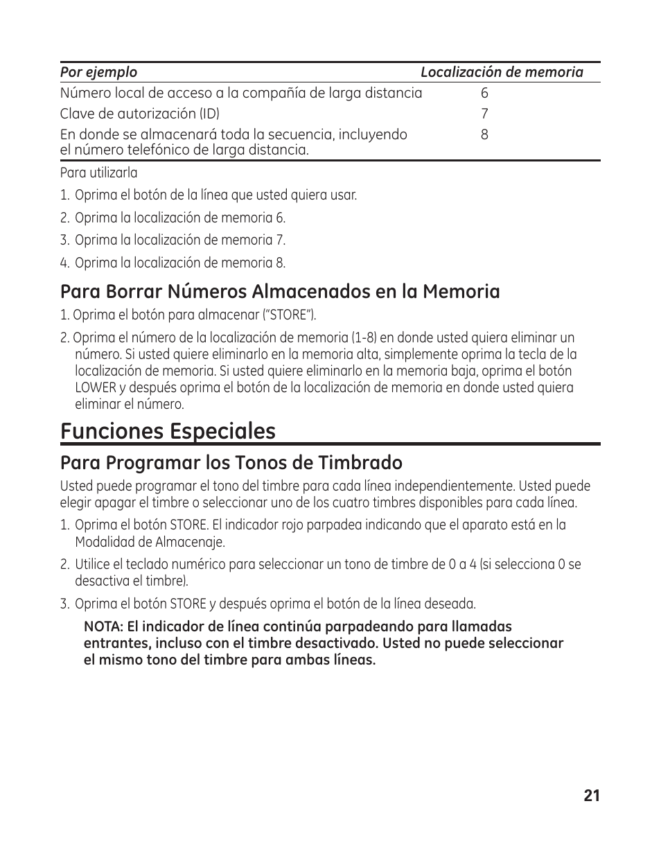 Funciones especiales, Para programar los tonos de timbrado | GE 29484 2-Line User Manual | Page 51 / 60