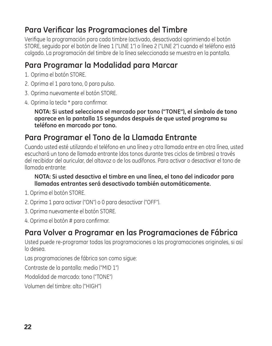 Para verificar las programaciones del timbre, Para programar la modalidad para marcar, Para programar el tono de la llamada entrante | GE 29484 2-Line User Manual | Page 52 / 60