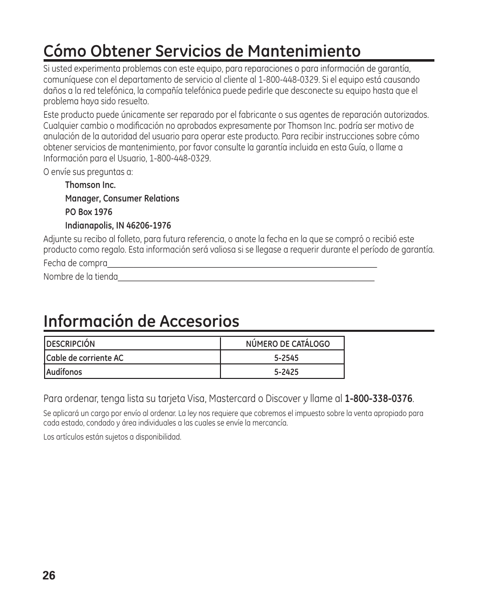 Cómo obtener servicios de mantenimiento, Información de accesorios | GE 29484 2-Line User Manual | Page 56 / 60