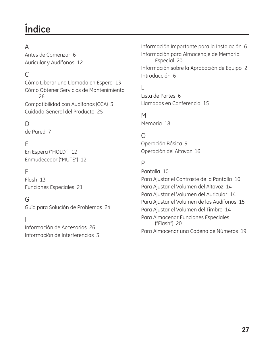 Índice | GE 29484 2-Line User Manual | Page 57 / 60